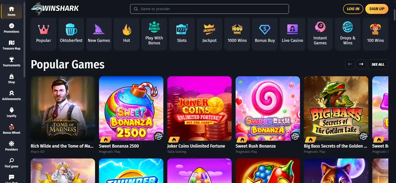 Screenshot of the Winshark casino homepage with the genuine casino navigation and game categories