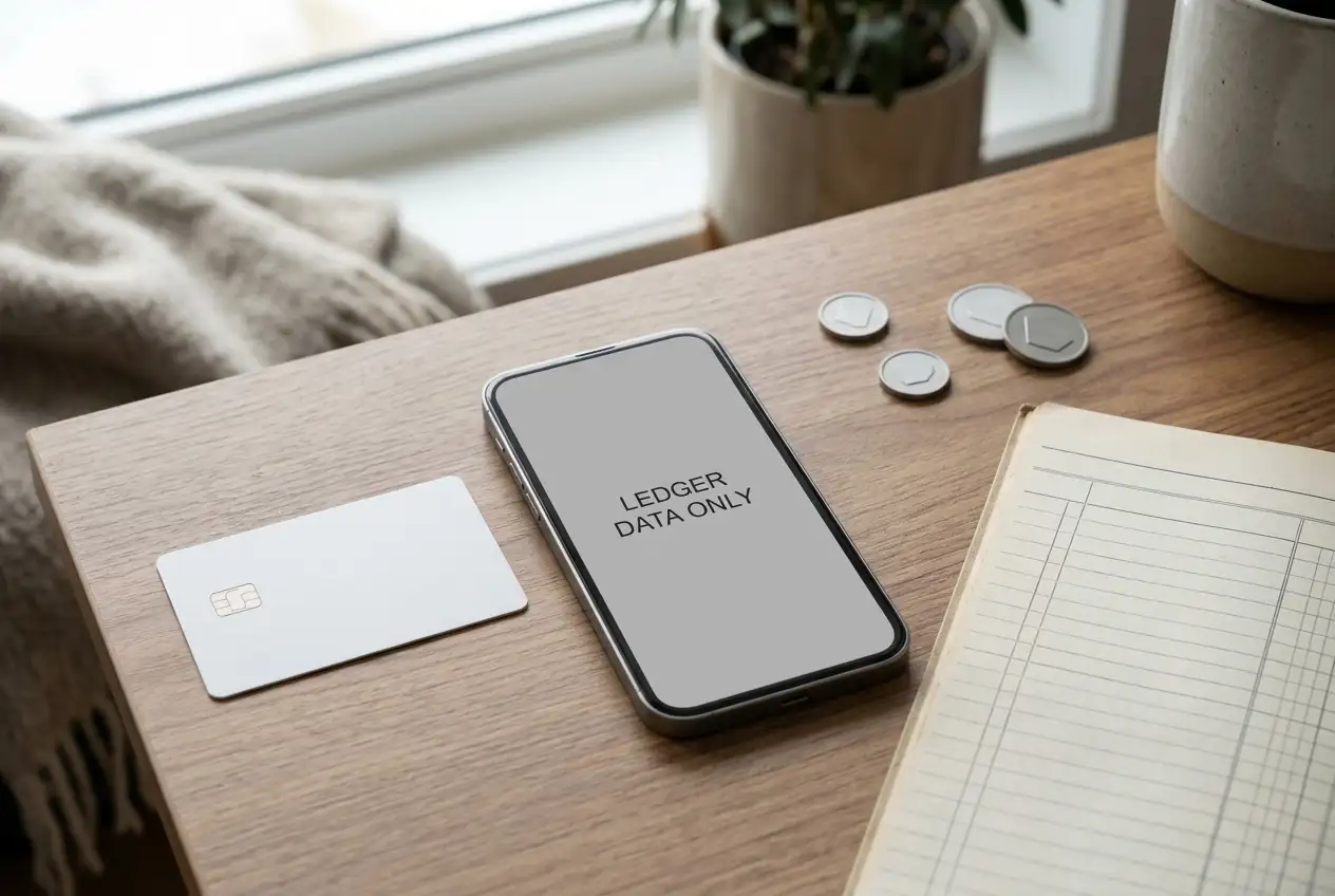 Unbranded bank card, smartphone and simple geometric coin on a desk