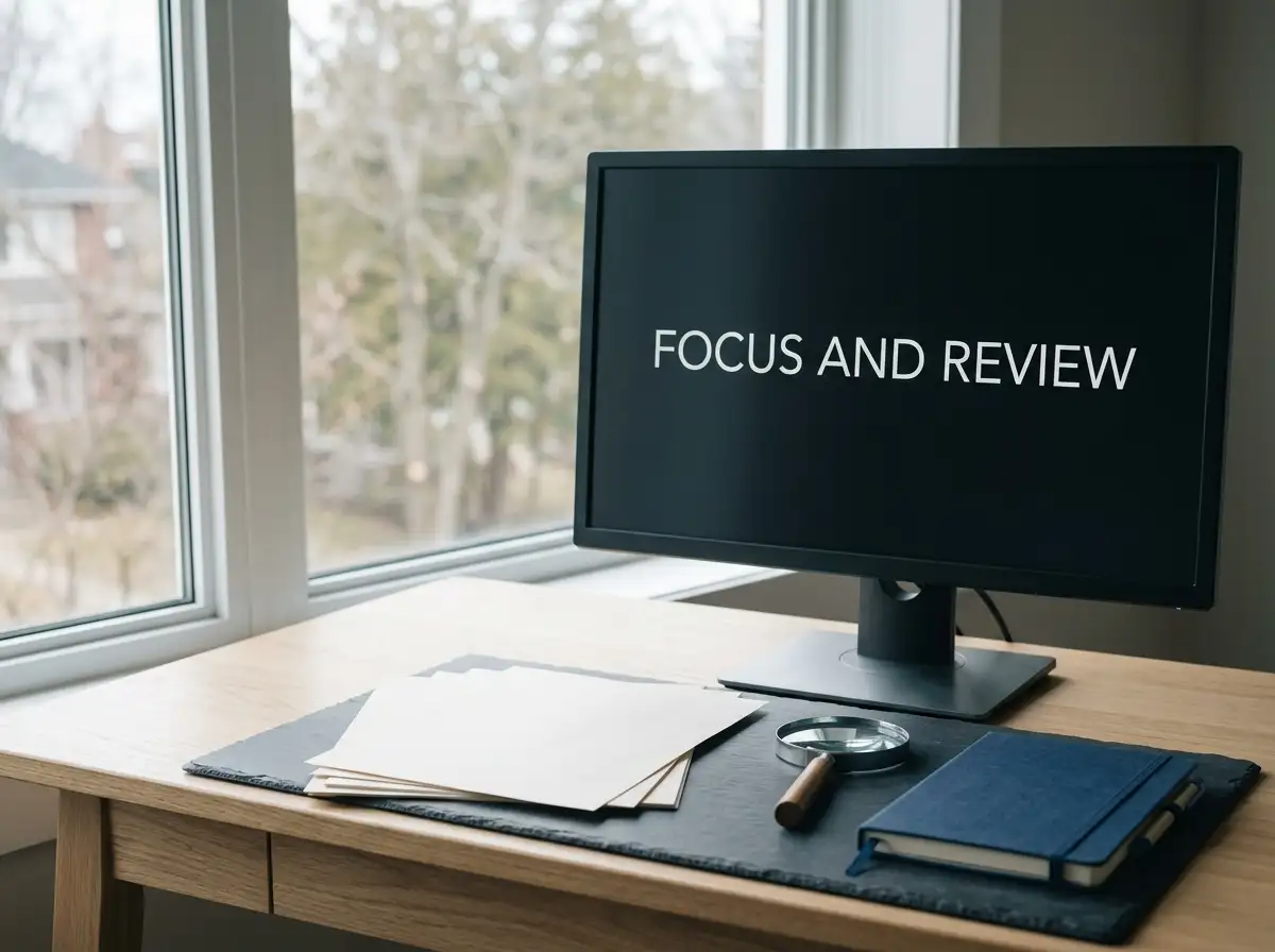 Neutral office desk with papers, magnifying glass and an unbranded computer